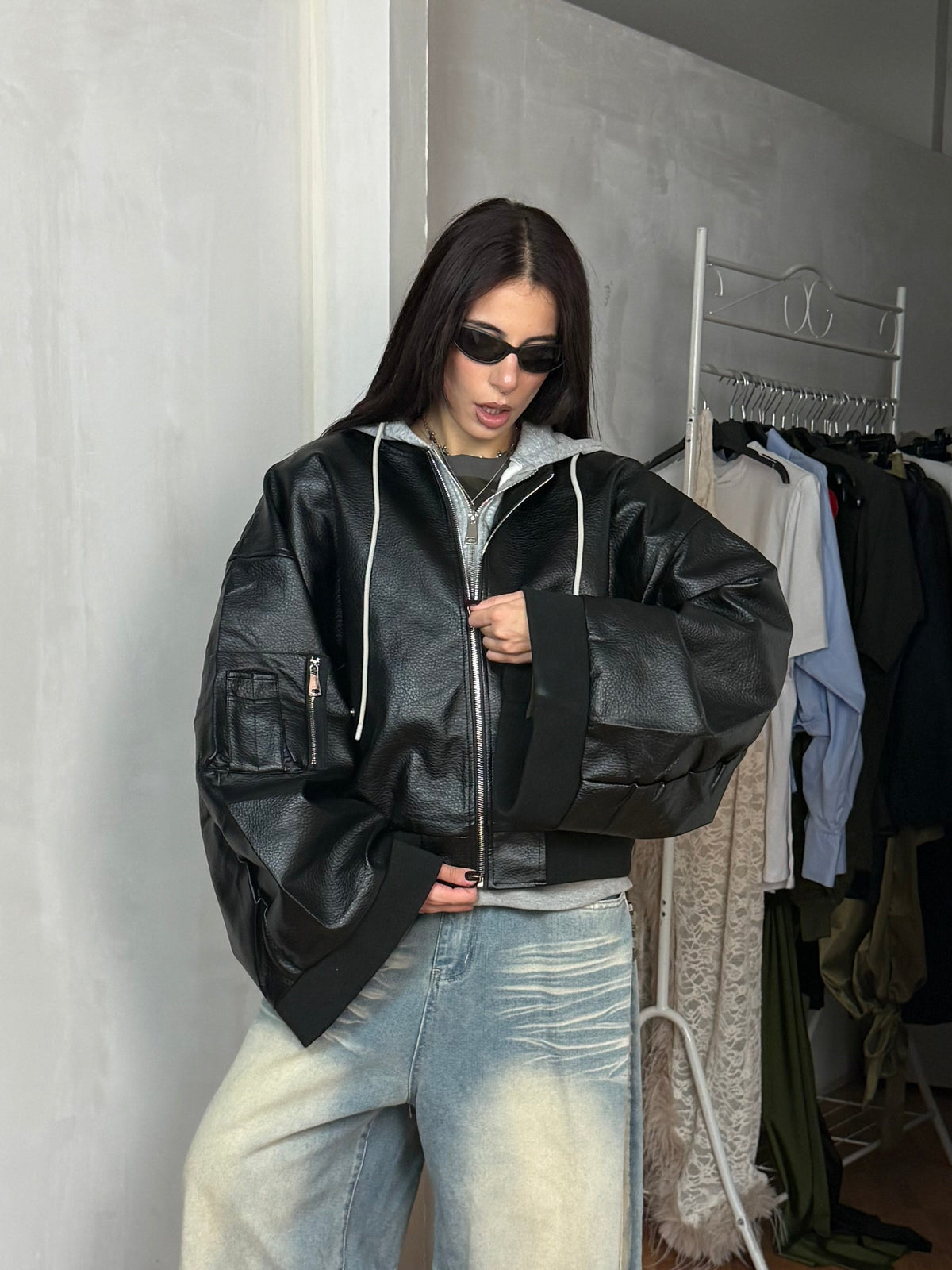 LEATHER BOMBER WITH HOODIE