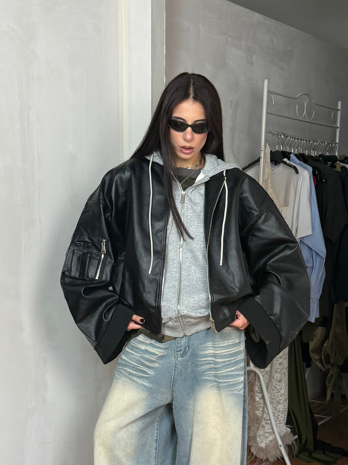 LEATHER BOMBER WITH HOODIE